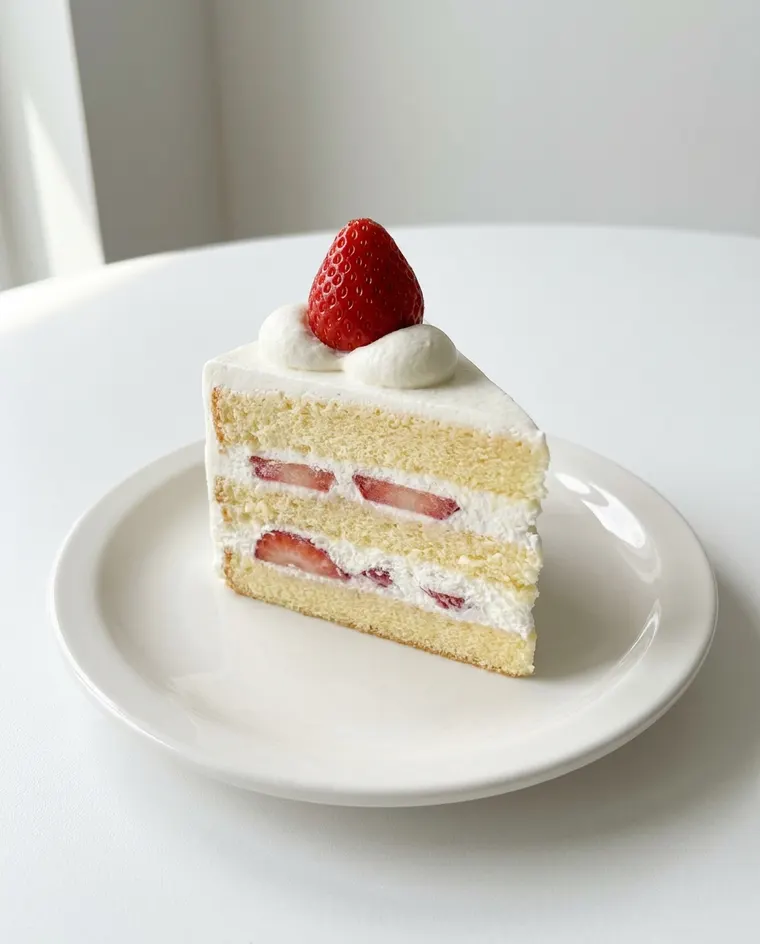白い皿にのせた、いちごとクリームのショートケーキ